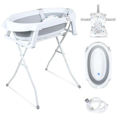 Ansobea Baby Badewanne mit Gestell, Faltbare Babybadewanne mit Rutschfestem Ständer, Baby Wanne mit...