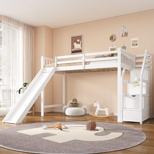 LATICO Kinderbett Hochbett 90x200 cm, Hausbett Etagenbett mit Rutsche und Treppenschließfächer...