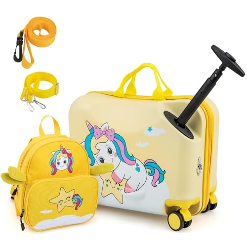 DREAMADE Kinderkoffer zum Draufsitzen, 2 TLG. Kinderkoffer mit Rucksack 18”+12”, Kindergepäck...