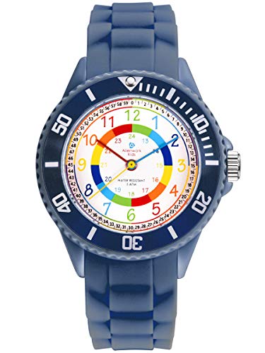 Alienwork Kids Lernuhr Kinderuhr Jungen Mädchen Marineblau Silikon-Armband Mehrfarbig Kinder-Uhr...