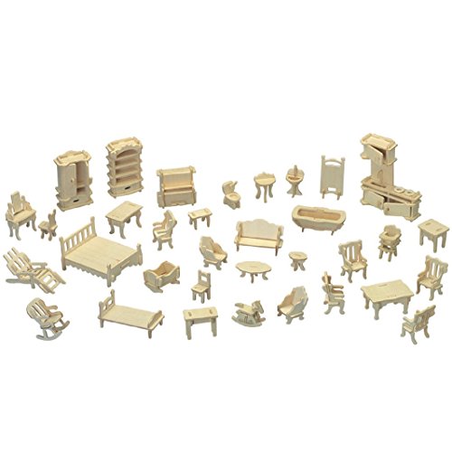 Cute room Holz-Puppenhaus-Möbel – 28 Stück – geeignet für Puppenhaus, Hellbraun