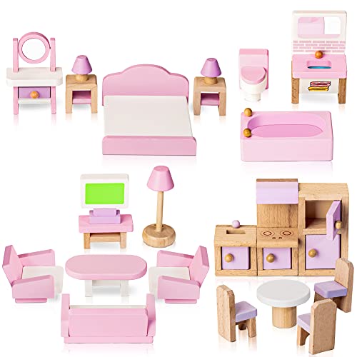 Puppenhaus Möbel Set Holz 5 Zimmer Kit 22 Stück Miniatur Puppenhaus Holzmöbel Zubehör,...