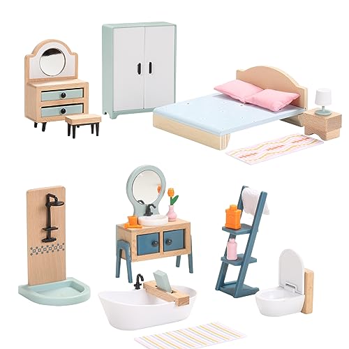 Puppenhaus Möbel Holz Set, Holz und Kunststoff Bad und Schlafzimmer-Set, 24 Teiliges Puppenhaus...
