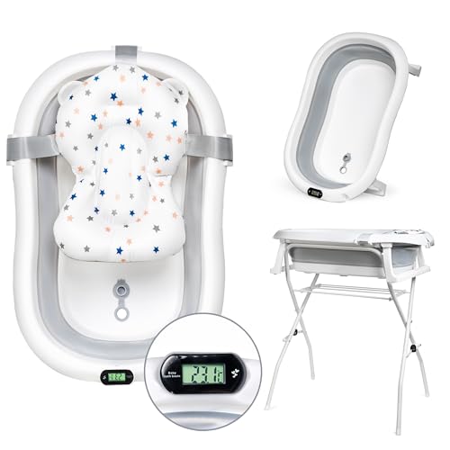 moovkee. Babybadewanne mit Gestell 80cm - Baby Badewanne Faltbar mit Thermometer und Badekissen -...