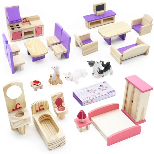 Puppenhaus Zubehör Möbel Holz Set Teilige Möbel mit Mini Katzenfiguren, Puppenschrank 25 Teilige...
