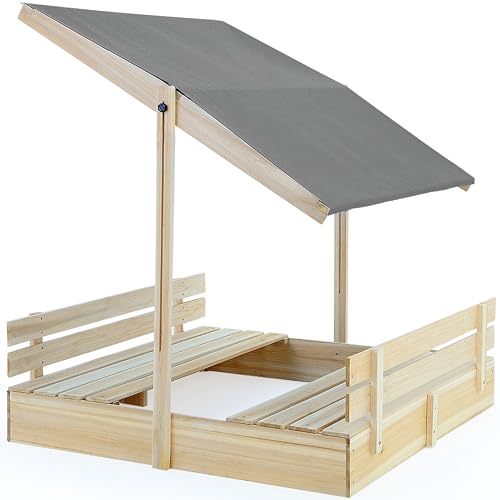 Spielwerk® Sandkasten Toni Sonnendach Sitzbank 120x120x120cm Naturholz Fichtenholz UV-Schutz...