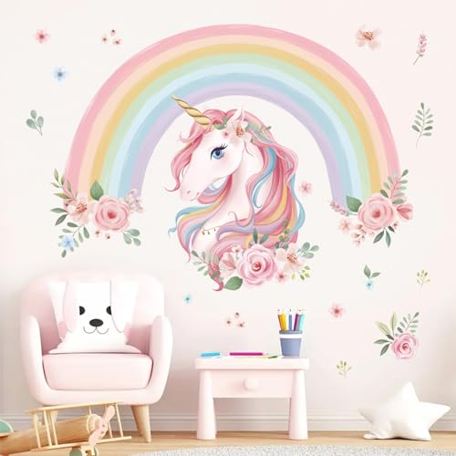 wondever Wandtattoo Regenbogen Groß Wandaufkleber Einhorn Blumen Wandsticker Wanddeko für Mädchen...