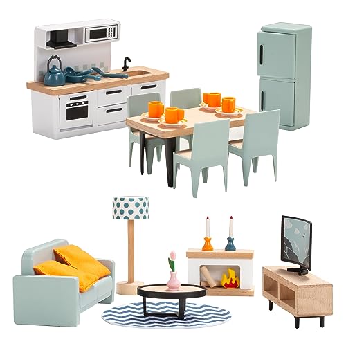 Puppenhaus Möbel Set, Küchen und Wohnzimmer Set aus Holz und Kunststoff, 35 Teiliges Puppenhaus...