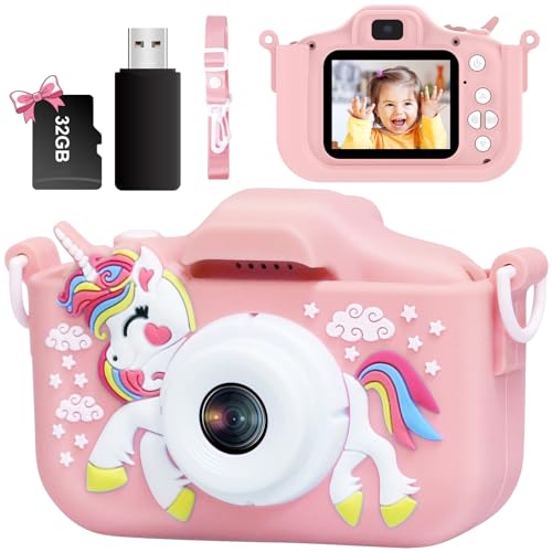 LARMPET Kinderkamera,1080P Kinder-Digitalkamera mit 32 GB TF-Karte, Einhorn Kamera Abdeckung/HD...