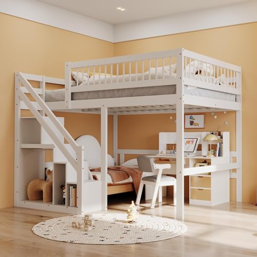 Kinderbett Etagenbett 140x200 cm, Hochbett mit Treppe und Stauschrank, Multifunktionsbett Doppelbett...