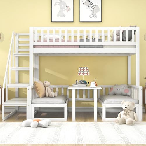Platzsparendes Etagenbett für Kinder, Hochbett mit Flexibler Tisch und Holzsofa, Kinderbett mit...