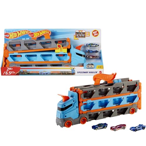 Hot Wheels - 2:1 Autorennbahn zu Transporter, inkl. 3 Spielzeugautos, mit Doppelstarter,...