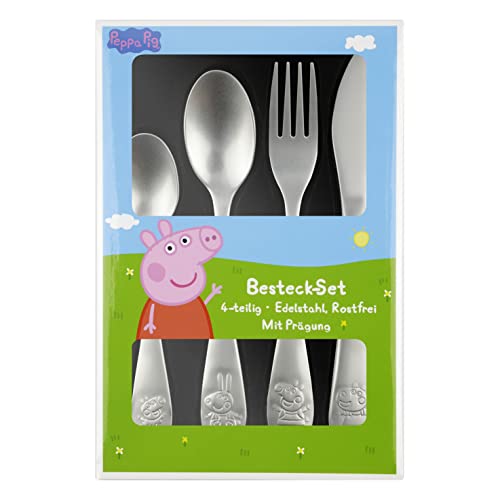 p:os Peppa Wutz Kinderbesteck, 4-teiliges Besteckset mit Messer, Gabel, Suppenlöffel und...