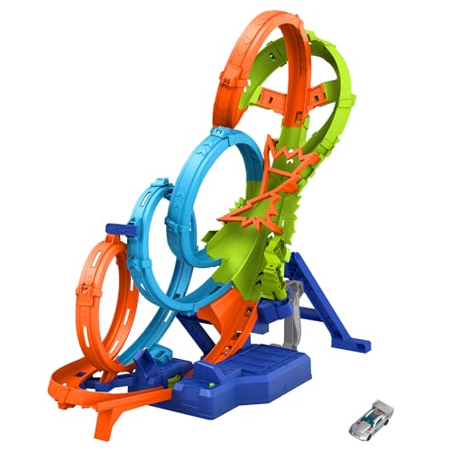 Hot Wheels Spielzeugauto Trackset mit 4 Loopings, 3-spuriger Crash-Zone und batteriebetriebenem...