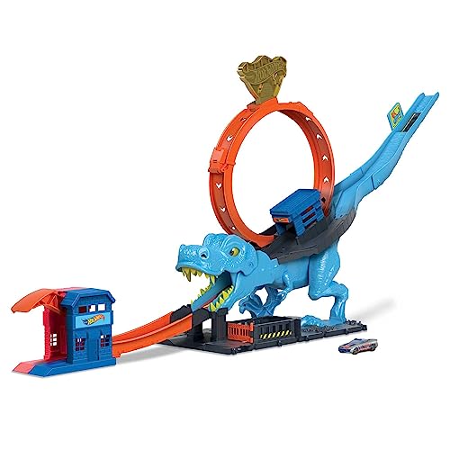 Hot Wheels Autorennbahn T-Rex Angriff, Geschicklichkeitsspiel durch genaues Timing und Zielen, mit...