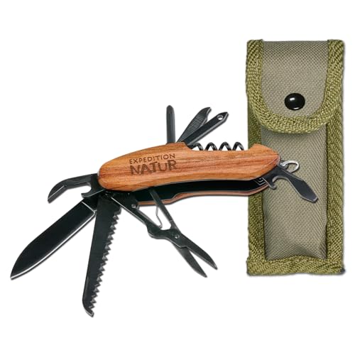 Expedition Natur Outdoor-Taschenmesser mit Holzgriff, 9 in 1 Multifunktionswerkzeug, für Camping...