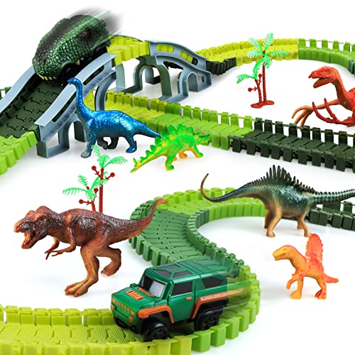 kizplays 251 pcs Dinosaurier Spielzeug Autorennbahn Rennbahn,6 Dinosaurier-Modell, 2 Spielzeugautos...