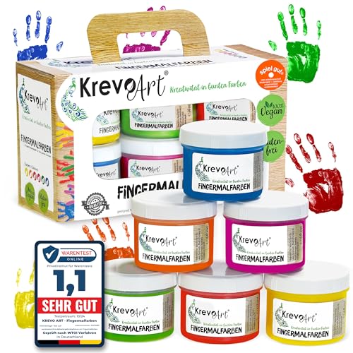 Krevo Art Fingermalfarben, Fingerfarben für Kinder, 6 leuchtkräftige und deckende Farben je 60ml,...