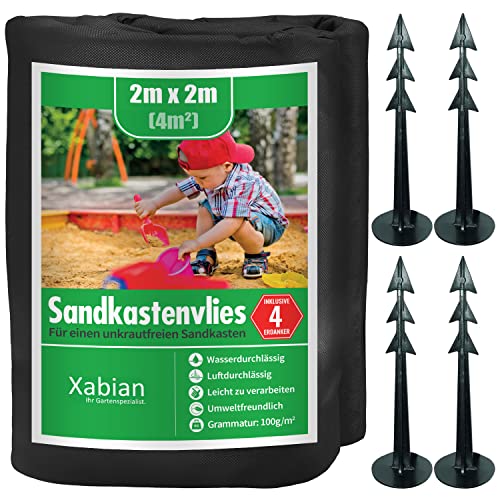 Xabian Sandkastenvlies 2x2m schwarz 80g/m² inklusive 4 Erdanker I Unkrautvlies für Sandkasten als...