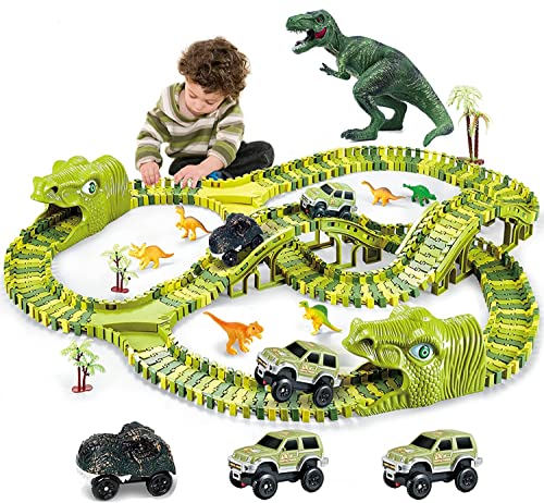 burgkidz Dinosaurier Spielzeug Schienen, 260 Stück Dinosaurier Weltrennstrecken Spielset mit 3...