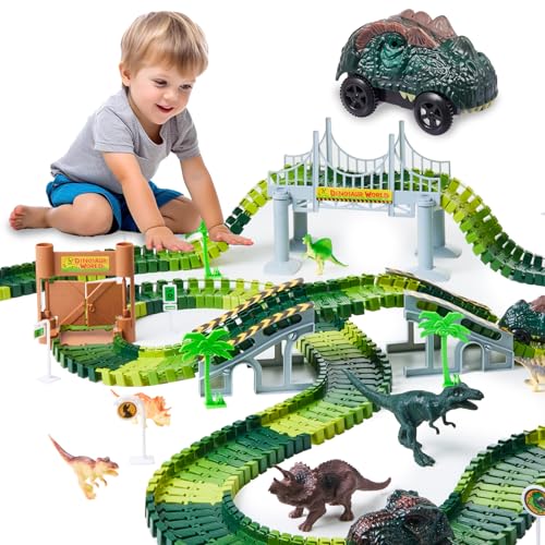 GleamKid Dinosaurier Spielzeuge Autorennbahn Rennstrecke, Flexible Autorennbahn Bahngleise Spielset,...