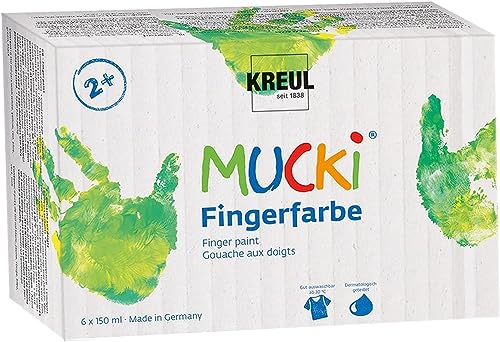 KREUL 2316 - Mucki leuchtkräftige Fingerfarbe, 6 x 150 ml in gelb, rot, blau, grün, weiß und...