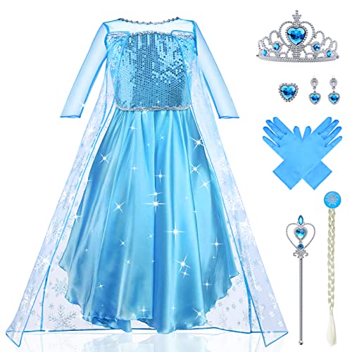 URAQT ELSA Kostüm Kinder Mädchen, 9-teiliges Set ELSA Kleid Kinder mit Krone Diadem Handschuhe...