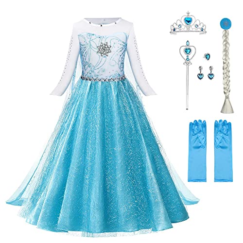 URAQT ELSA Kostüm Kinder Mädchen, 6-teiliges Set ELSA Kinder Prinzessin Kleid mit Krone Diadem...