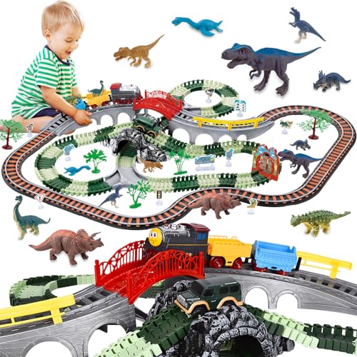 JONRRYIN Dinosaurier Spielzeug Autoachterbahn, 259 Stück Eisenbahn Kinder Elektrisch mit Zug...