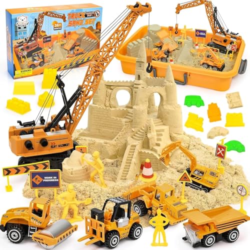 Tacobear Baustelle Magic Sand Koffer mit 1000g Knetsand, Kranspielzeug, 5 Mini-Fahrzeuge & 14...