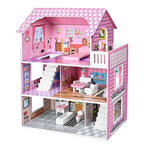 FIVMEN Puppenhaus Holz Dollhouse 3 Etagen Puppenhäuser mit Möbeln und diversen Zubehör für...