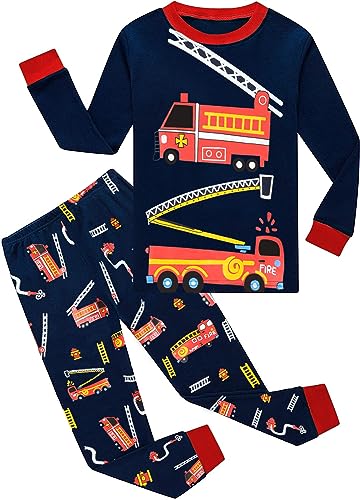 EULLA Kinder Jungen Schlafanzug Langarm Baumwolle Winter Pyjama Set Feuerwehrwagen Zweiteiliger...