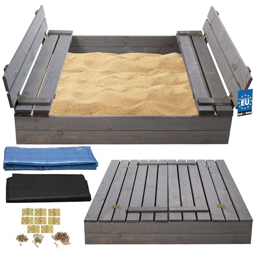 KOTARBAU® Sandkasten mit Abdeckung Sandkasten Holz 120x120 cm imprägniert mit Sitzbänken Grau...