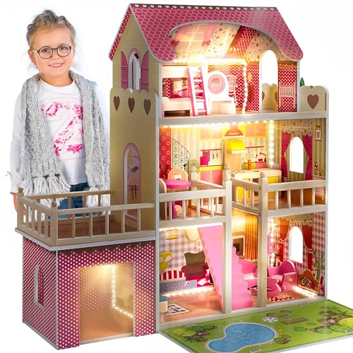 Kinderplay Puppenhaus Holz Gross, Puppenvilla - Barbie Traumvilla, Barbie Puppenhaus, Led - Licht...