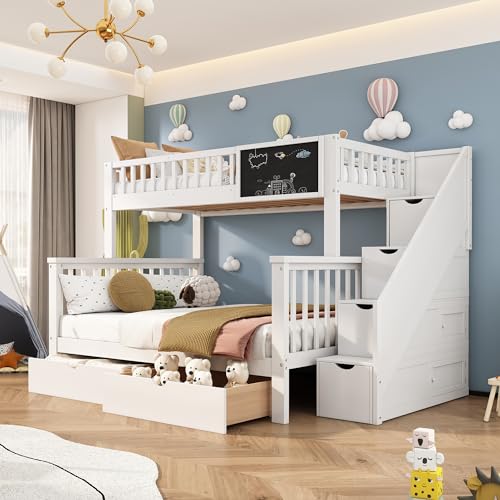 FEZTOY Etagenbett mit 2 Schubladen Kinder Bett mit Treppe, Hochglanz Kinderbetten Funktionsbett...