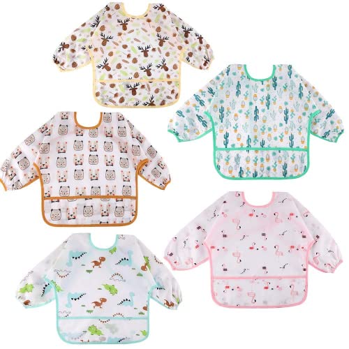 Lictin Baby Lätzchen mit Lange Ärmeln 5 Set Lätzchen Babylätzchen Wasserdicht Baby Bibs Set für...