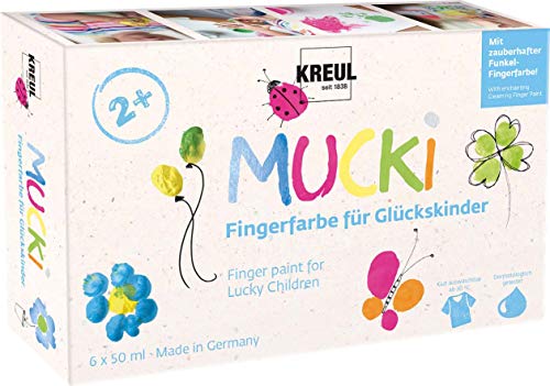 KREUL 23050 - Mucki Fingerfarbe für Glückskinder, 6 x 50 ml in Gelb, Pink, Diamanten-Blau, Grün,...