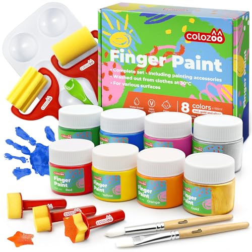 colozoo Fingerfarben Kinder Ungiftig Set inkl. Malzubehör | 8x100ml Fingerfarben Kinder inkl. Gold...