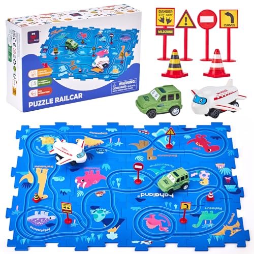 hahaland Auto Spielzeug Autorennbahn 12 PCS DIY Dinosaurier Puzzle Bahn Spielzeug ab 2-6 Jahre,...