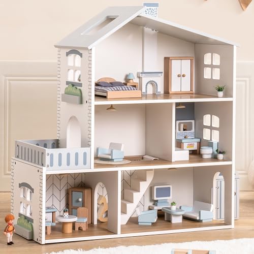 ROBUD Puppenhaus aus Holz Lichtern,3 Etagen, inklusive Möbeln und Treppe,Spielzeug für Kinder ab 3...