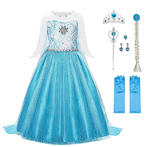 URAQT ELSA Mädchen Prinzessin Kostüm, ELSA Kinder Kleid 6-teiliges Set mit Krone Diadem Handschuhe...