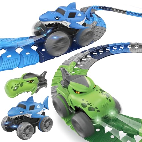 Cream Kids Hai und Dinosaurier Spielzeug 2-in-1 Autorennbahn,Dino Auto Spielzeug,Glow...