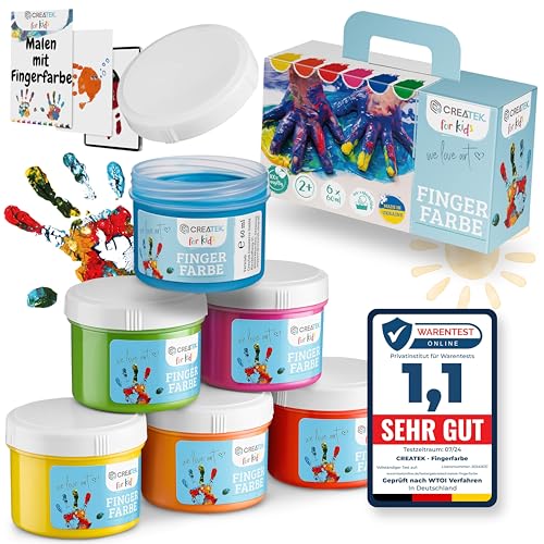 CreaTek - Fingerfarben Kinder ungiftig ab 2 Jahre [ inkl. lustiger Malvorlagen ] 100% sicher, vegan,...