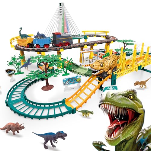 JONRRYIN Kinder Dinosaurier Autorennbahn Spielzeug, mit Zug&Autobahnautos, Elektrische...