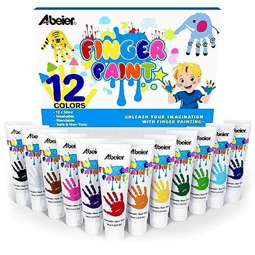 ABEIER Fingerfarben Kinder Ungiftig, Waschfest, 12 x 36ml, Auswaschbar Kleinkinder Fingermalfarben,...