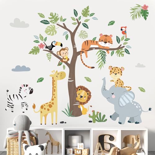 decalmile Wandtattoo Dschungel Waldtiere Baum Wandaufkleber Safari Elefant Giraffe Löwe Wandsticker...