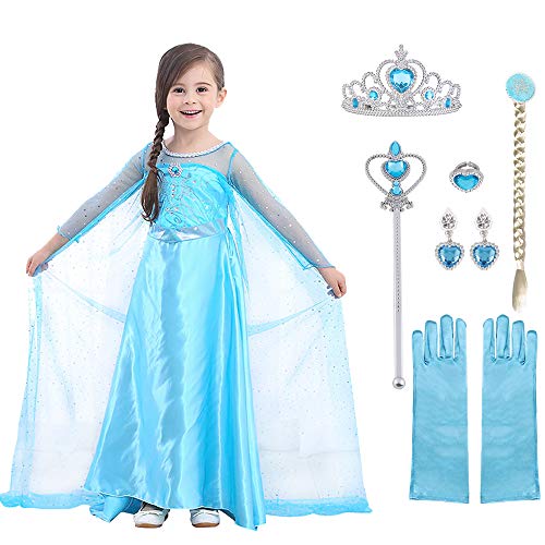 URAQT ELSA Kleid Prinzessin Kostüm Kinder Mädchen, ELSA Krone Kleid Kinder Kostüm 9-teiliges Set...
