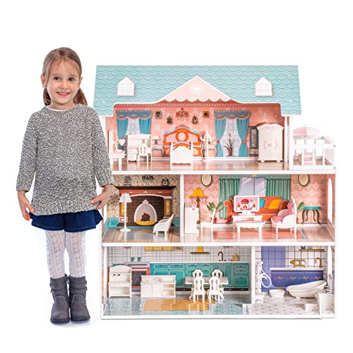 ROBUD Puppenhaus aus Holz mit Möbeln und Zubehör Mädchen Häuser Spielhaus Spielraum Spielzeug...
