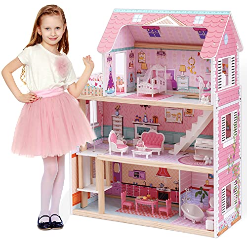 ROBUD Holz Puppenhaus für Kinder, Puppenhaus-Spielzeuggeschenk für Mädchen und Jungen im Alter...