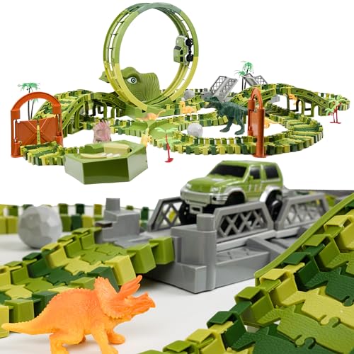 CELMAN Dinosaurier Spielzeug - Flexibles Rennbahn mit viele Teilen und Geländewagen, Autorennbahn...